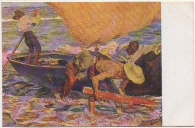POSTAL DE ARTE. SACANDO LA BARCA. JOSE MOUGRELL