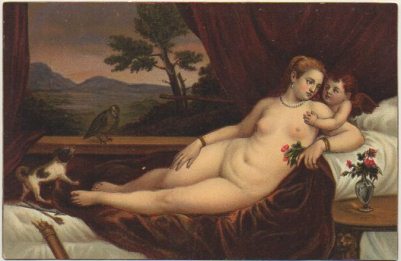 POSTAL DE ARTE. VENERE CON AMORINO. TIZIANO