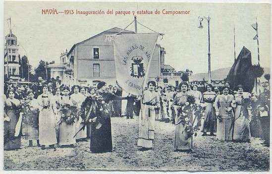 POSTAL ANTIGUA DE ASTURIAS (REPRODUCCION). NAVIA. 1913 INAGURACION DEL PARQUE Y ESTATUA DE CAMPOAMOR
