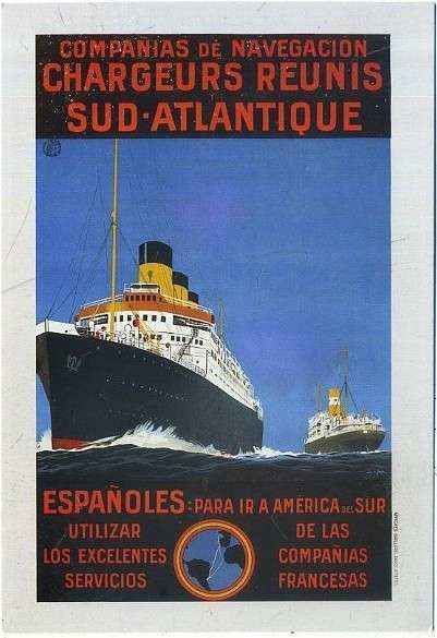 POSTAL DE BARCO. COMPAÑIAS DE NAVEGACION CHARGEURS REUNIS SUD-ATLANTIQUE