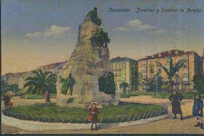 POSTAL ANTIGUA DE CANTABRIA SANTANDER JARDINES Y ESTATUA DE PEREDA