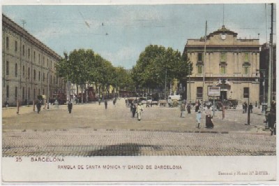 POSTAL ANTIGUA DE BARCELONA. RAMBLA STA. MONICA Y BANCO DE BARCELONA