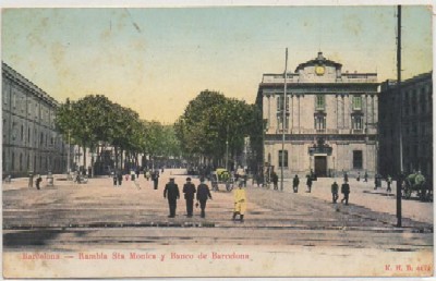 POSTAL ANTIGUA DE BARCELONA. RAMBLA STA. MONICA Y BANCO DE BARCELONA