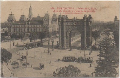 POSTAL ANTIGUA DE BARCELONA. SALON S. JUAN, PALACIO DE JUSTICIA Y ARCO DEL TRIUNFO
