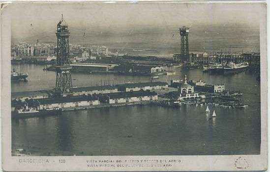 POSTAL ANTIGUA DE BARCELONA. VISTA PARCIAL DEL PUERTO Y TORRE DEL AEREO Nº 120