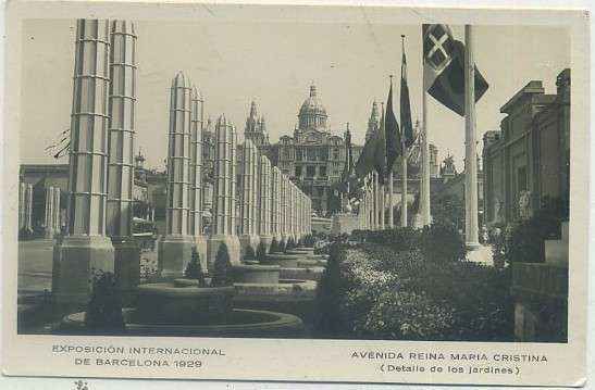 POSTAL ANTIGUA DE BARCELONA. EXPOSICION DE 1929. AVDA. REINA CRISTINA. JARDINES
