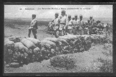 POSTAL DE MELILLA. LOS GENERALES MARINA  Y PINTOS PRESENCIANDO UN COMBATE Nº 12