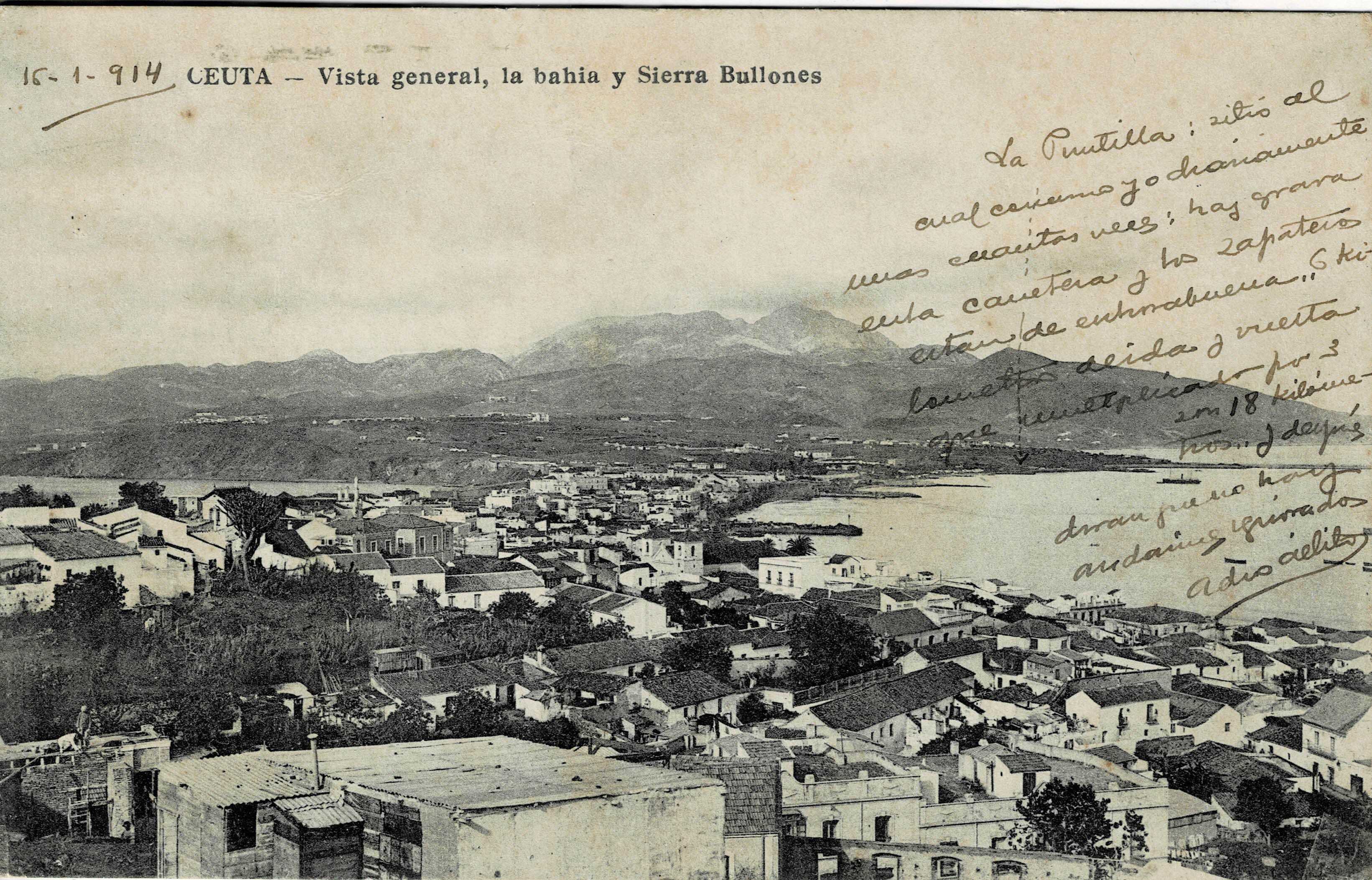 POSTAL ANTIGUA DE CEUTA. VISTA GENERAL, LA BAHIA Y SIERRA BULLONES