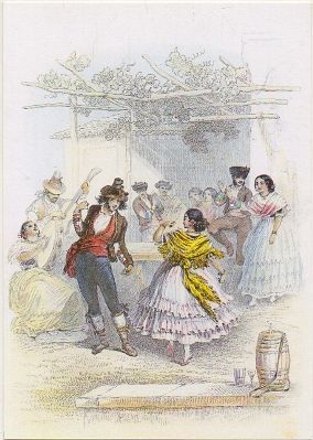 POSTAL DE FLAMENCOS. GITANOS. FANDANGOS. HERMANOS ROVARGUE S. XlX. 17,5x12,5 CM.