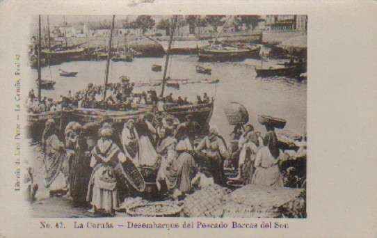 POSTAL ANTIGUA DE LA CORUÑA. Nº 47. DESEMBARQUE DEL PESCADO. BARCAS DEL SON.