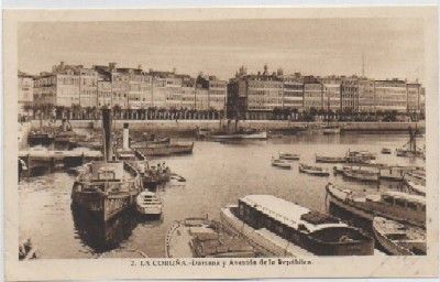POSTAL ANTIGUA DE LA CORUÑA: DARSENA Y AVDA. DE LA REPUBLICA