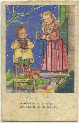 POSTAL ANTIGUA DE HUMOR. A LA LUZ DE LAS ESTRELLAS…