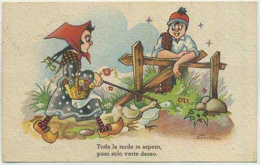POSTAL ANTIGUA DE HUMOR. TODA LA TARDE TE ESPERO….