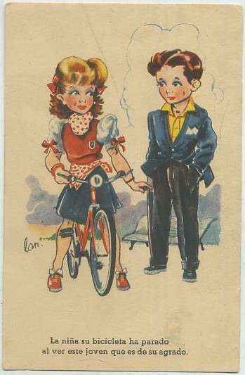 POSTAL ANTIGUA DE HUMOR. LA NIÑA SU BICICLETA HA PARADO….