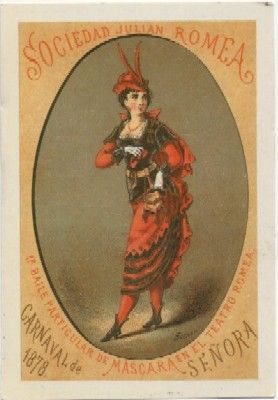 POSTAL DE HUMOR. REPRODUCCION. 1º BAILE DE MASCARAS. TEATRO ROMEA. CARNAVAL 1878