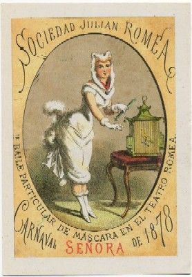 POSTAL DE HUMOR. REPRODUCCION. 1º BAILE DE MASCARAS. TEATRO ROMEA. CARNAVAL 1878