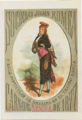 POSTAL DE HUMOR. REPRODUCCION. 1º BAILE DE MASCARAS. TEATRO ROMEA. CARNAVAL 1877