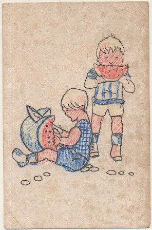 POSTAL DE HUMOR. NIÑOS COMIENDO SANDIA