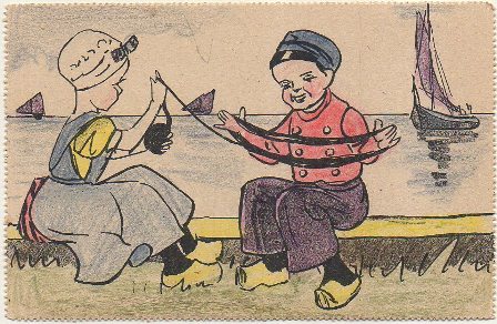 POSTAL DE HUMOR. NIÑOS HILANDO