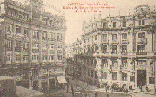 POSTAL ANTIGUA DE MADRID. PLAZA DE CANALEJAS. EDIFICIO DEL BANCO HISPANO AMERICANO Y CASA DE LA TRIBUNA.