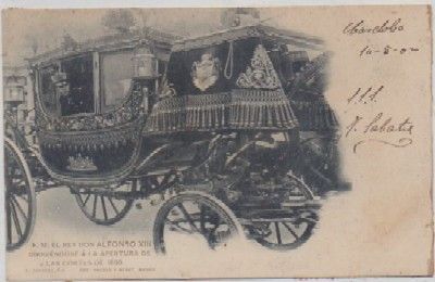 POSTAL MILITAR. S.M. D. ALFONSO Xlll DIRIGIENDOSE A LA APERTURA DE LAS CORTES DE 1899