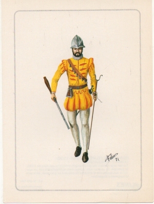 LAMINA MILITAR. REINADO DE FELIPE ll. MOSQUETERO. COL. LINES. LAMINA Nº 7