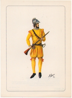 LAMINA MILITAR. REINADO DE FELIPE ll. MOSQUETERO DE GUARNICION. COL. LINES. LAMINA Nº 9