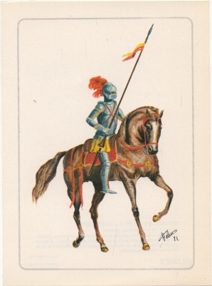 LAMINA MILITAR. REINADO DE FELIPE ll. HOMBRE DE ARMAS. COL. LINES. LAMINA Nº 10