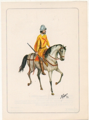 LAMINA MILITAR. REINADO DE FELIPE ll. ARCABUCERO A CABALLO. COL. LINES. LAMINA Nº 12
