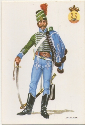 POSTAL UNIFORMES MILITARES SIGLO XlX. OFICIAL RTO. DE HÚSARES ESPAÑOLES 1807