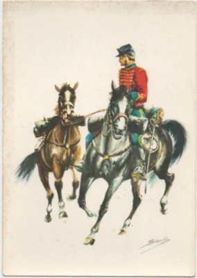 POSTAL UNIFORMES MILITARES. SOLDADO DEL RGTO. DE HUSARES DE PAVIA 1885. SERIE 1 Nº 6