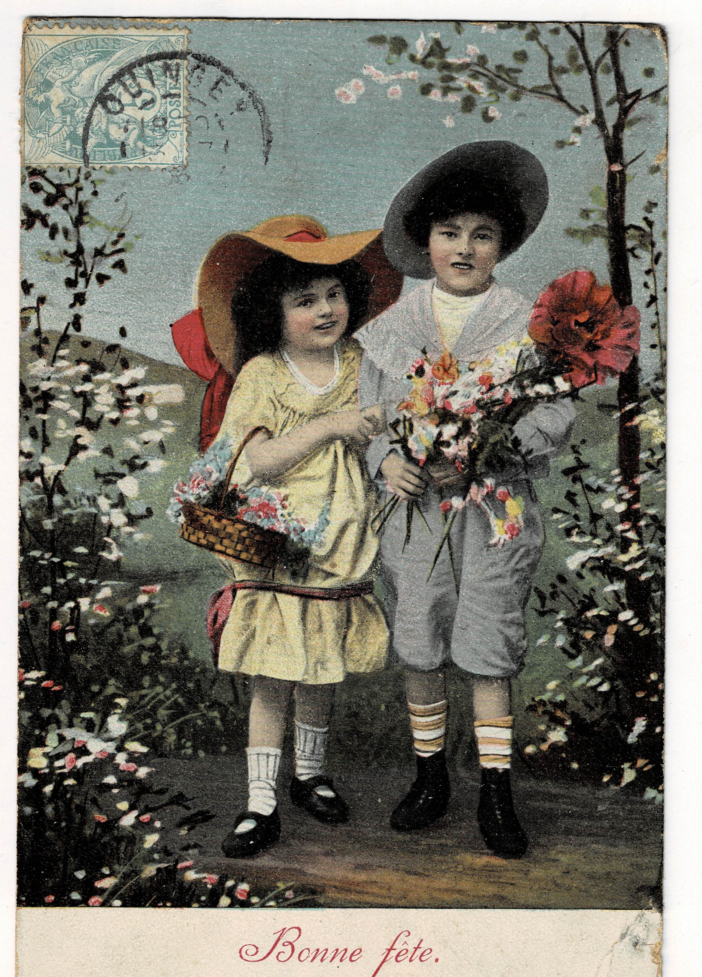 POSTAL DE NIÑOS. DIBUJO NIÑOS EN EL CAMPO. BONNE FETE.