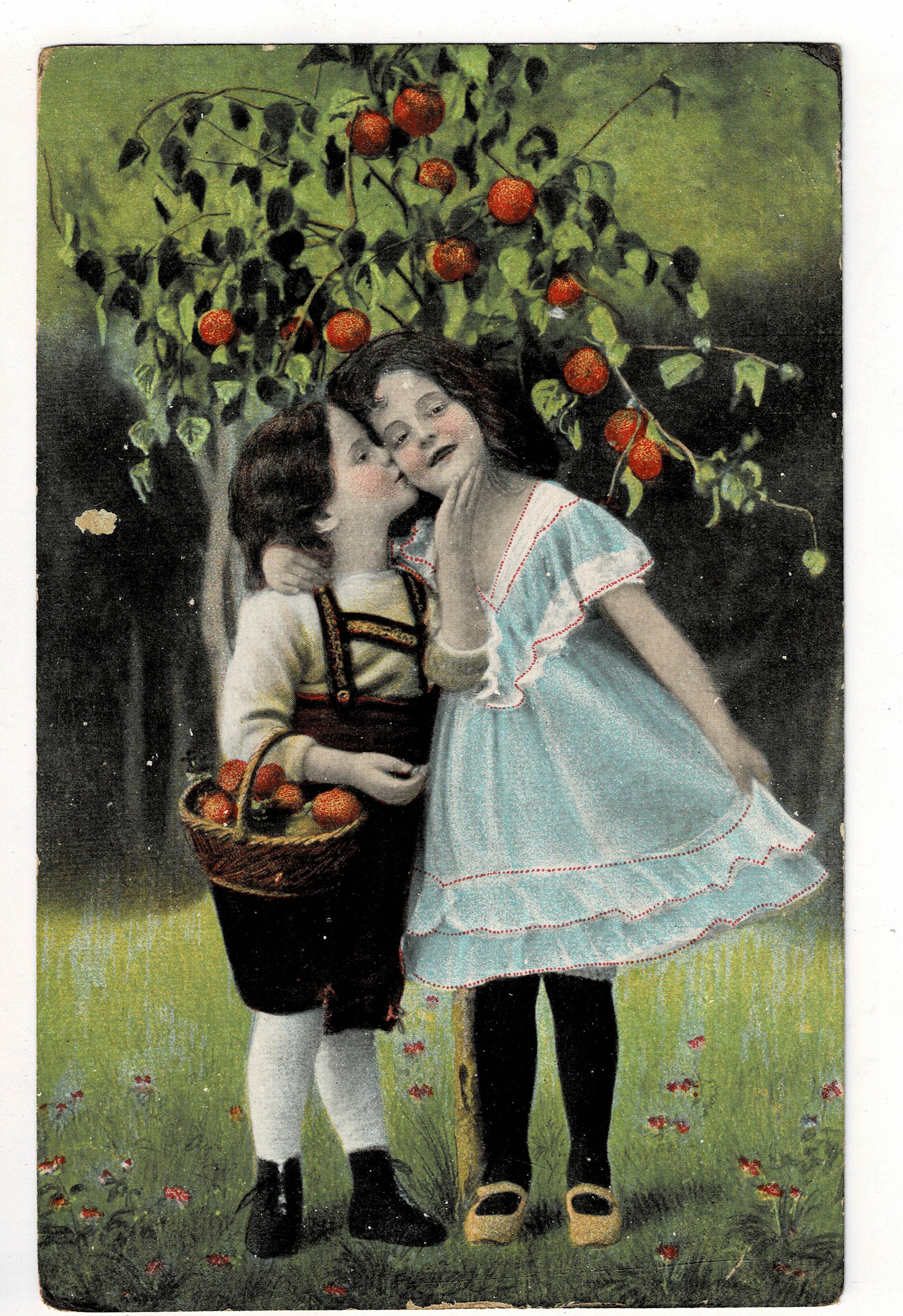 POSTAL DE NIÑOS. DIBUJO NIÑOS EN EL CAMPO.