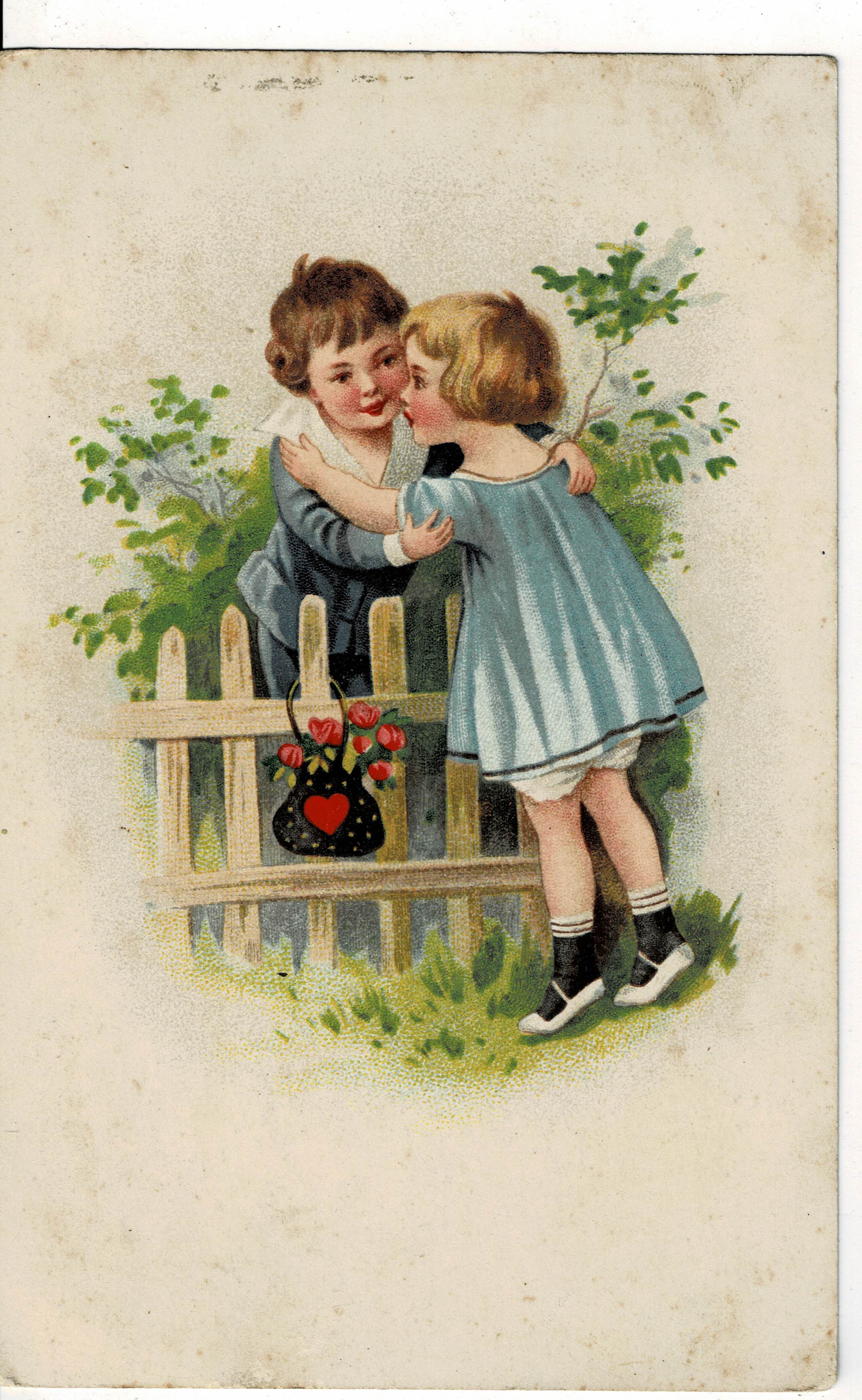POSTAL DE NIÑOS. DIBUJO NIÑOS BESO.
