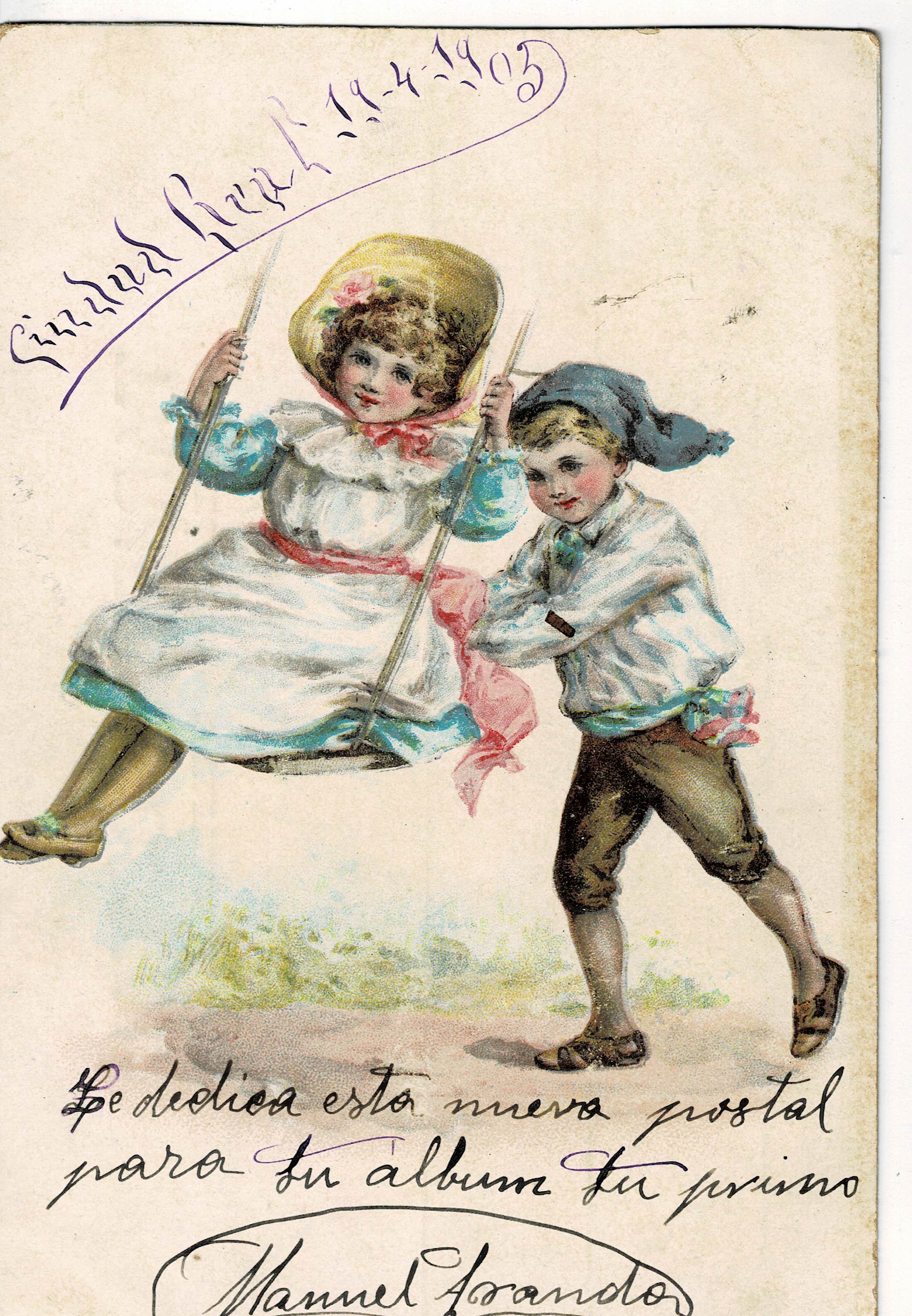 POSTAL DE NIÑOS. DIBUJO NIÑOS COLUMPIO.