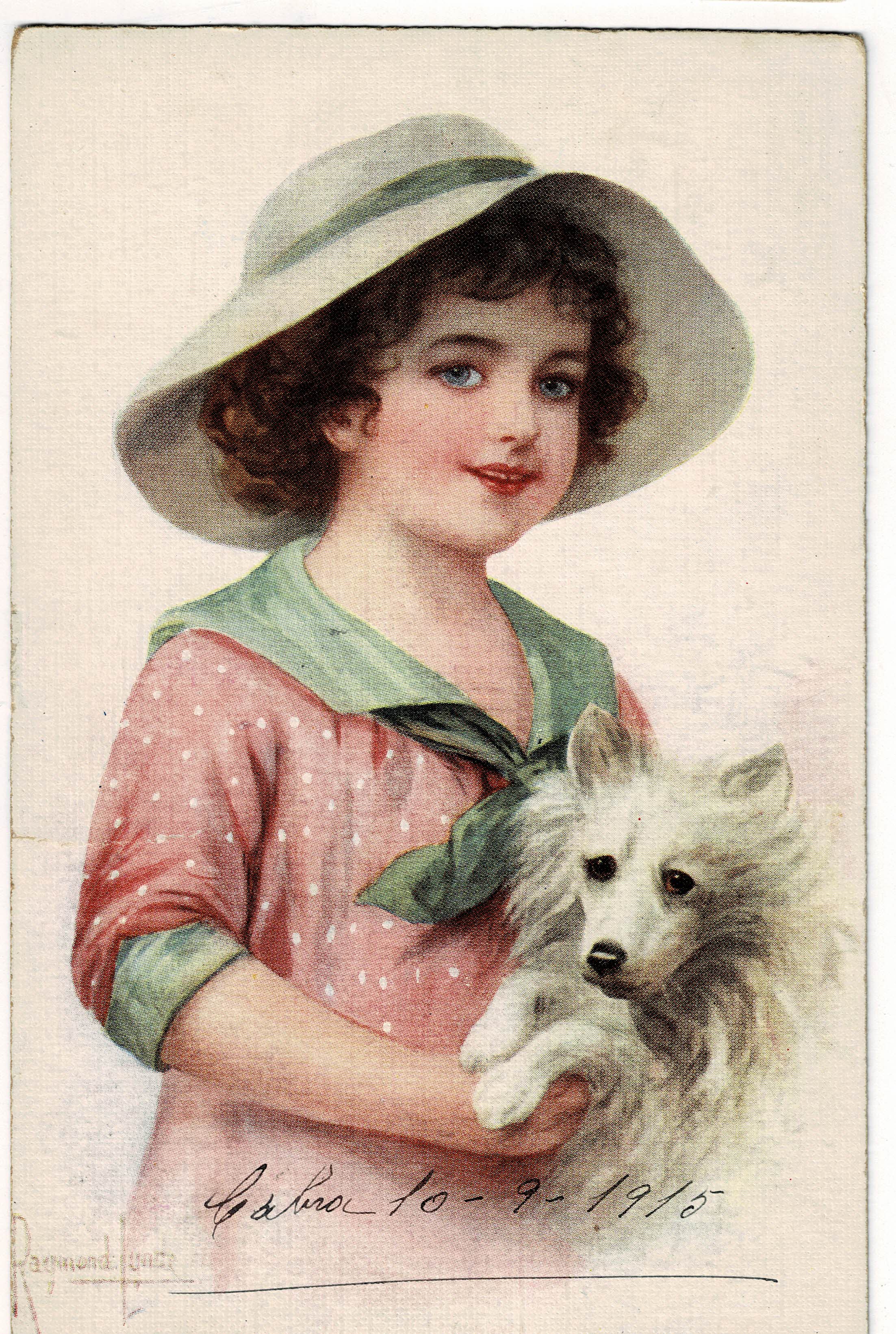 POSTAL DE NIÑOS. DIBUJO NIÑA CON PERRO.