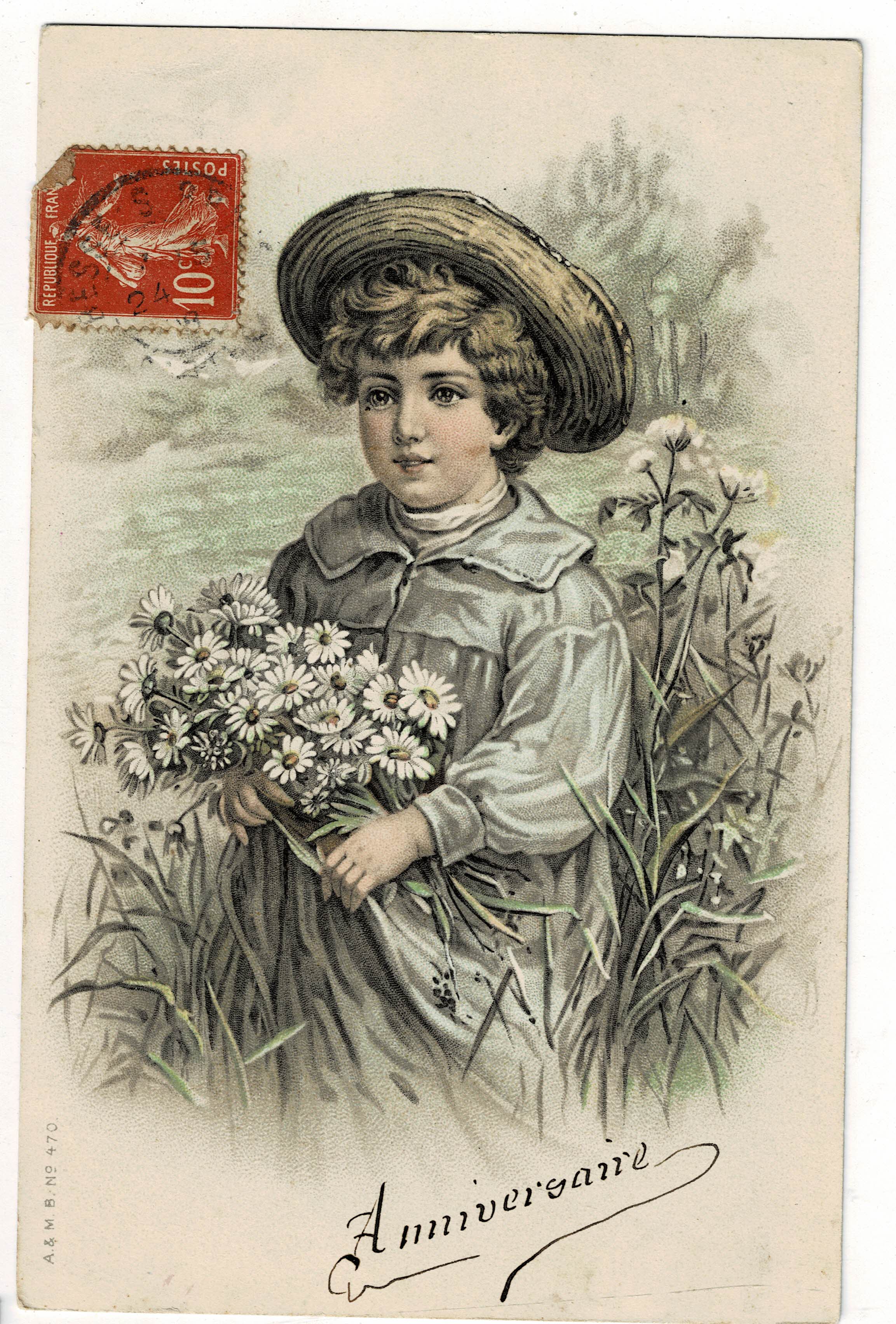 POSTAL DE NIÑOS. DIBUJO NIÑA CON FLORES.