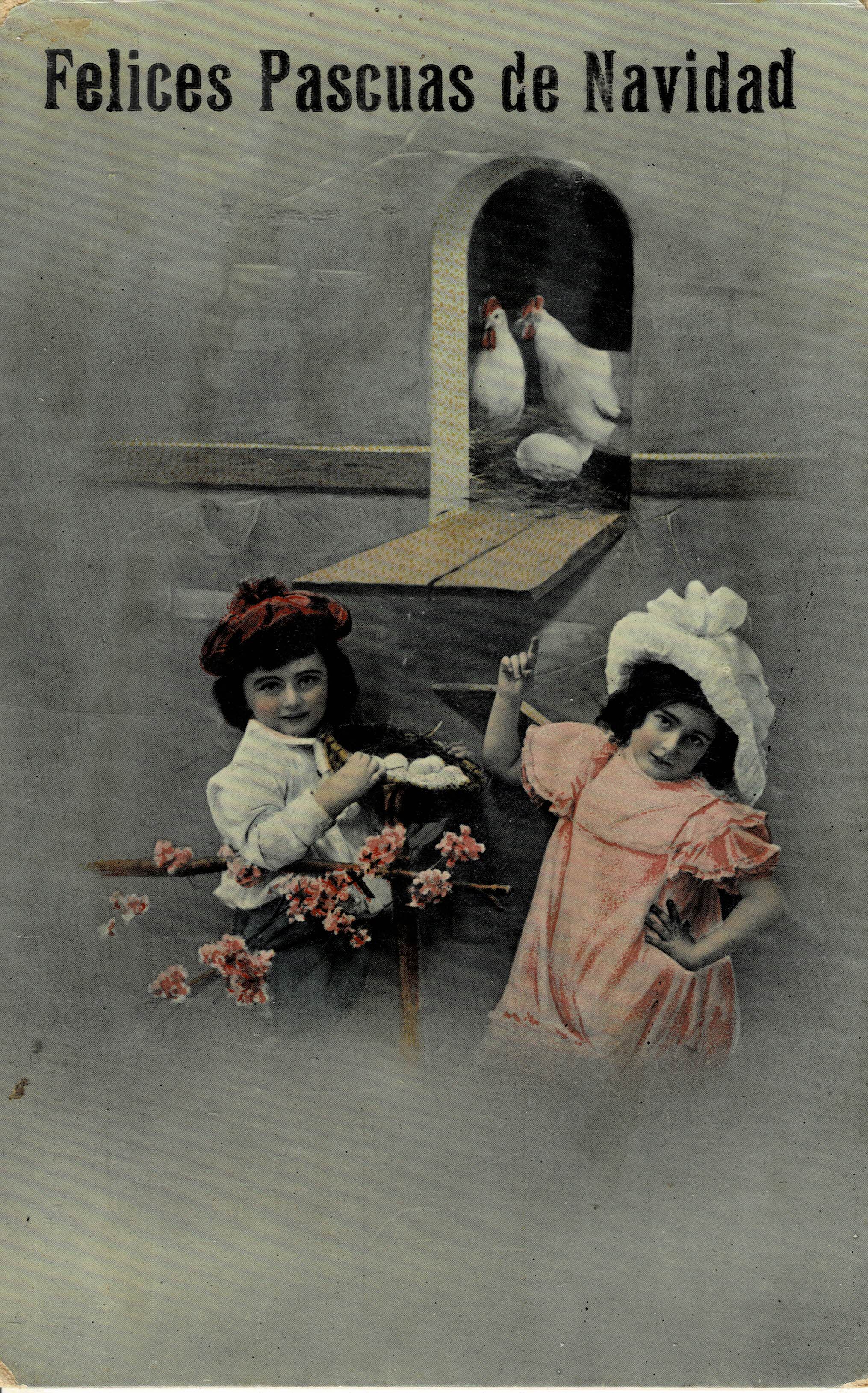 POSTAL NIÑAS CON FLORES FELICES PASCUAS DE NAVIDAD.