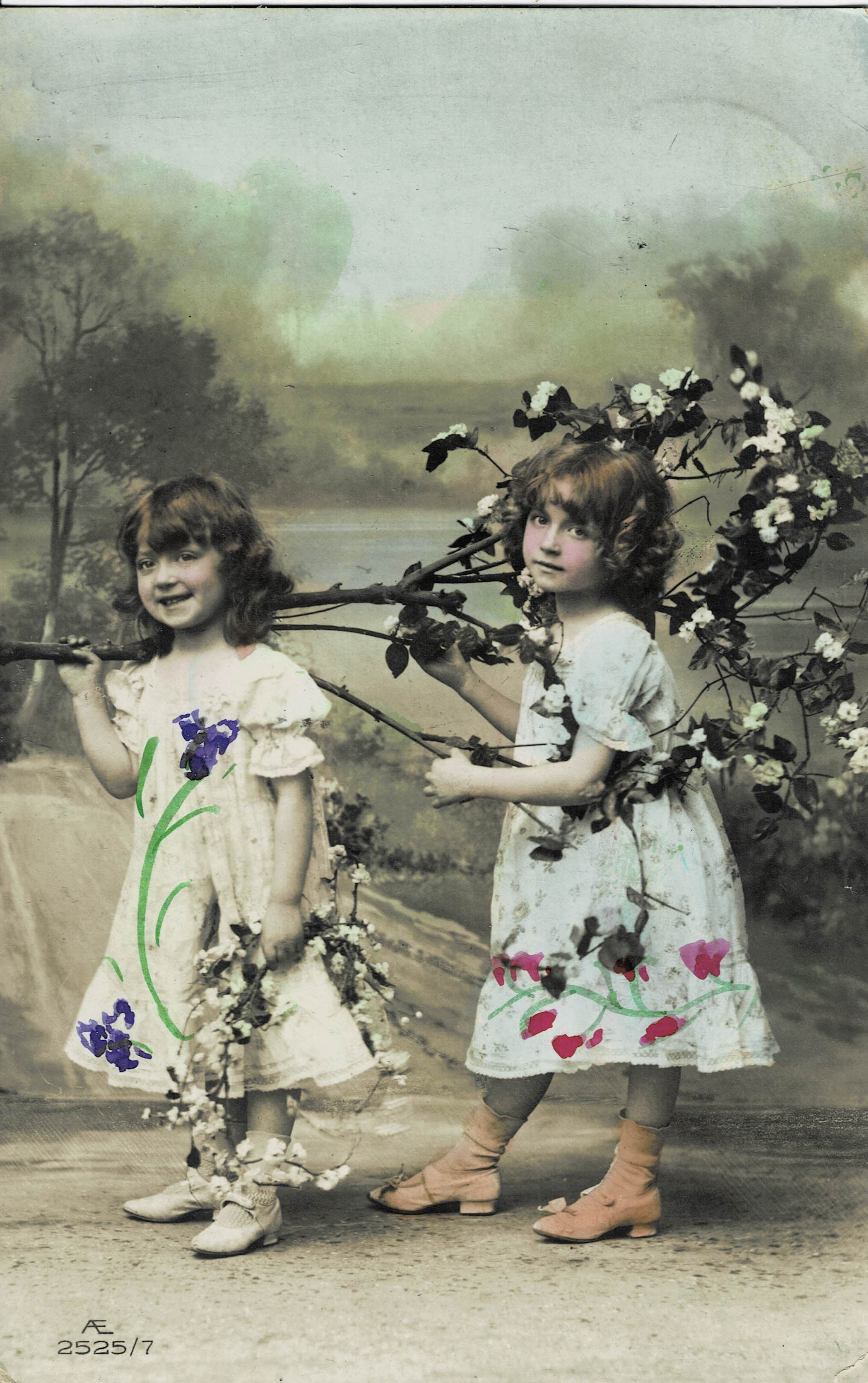POSTAL NIÑAS CON RAMA.