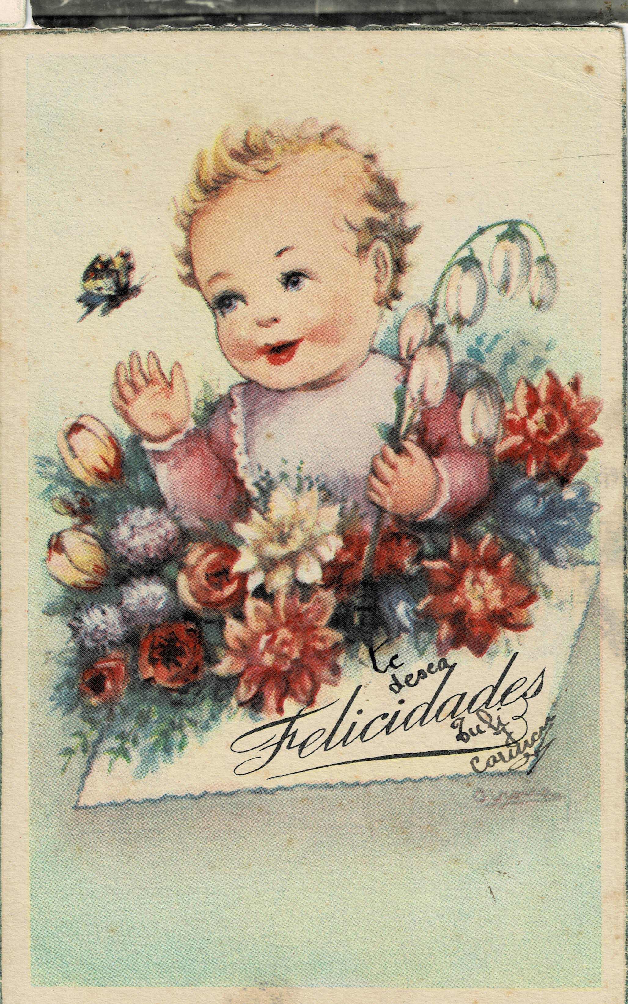 POSTAL FELICITACIÓN CON DIBUJO DE UN BEBE CON FLORES.