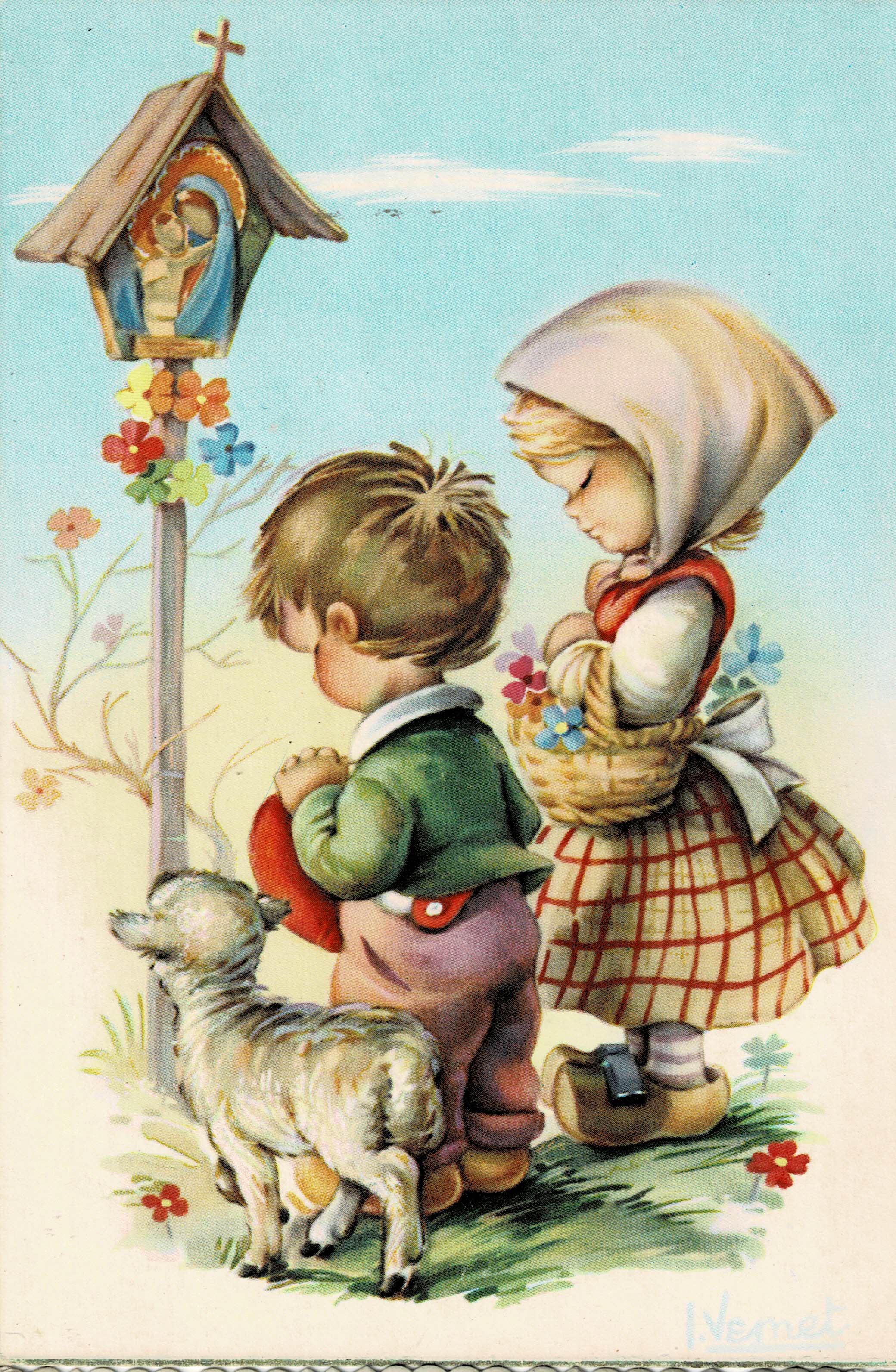 POSTAL DIBUJO NIÑOS CON OVEJA.