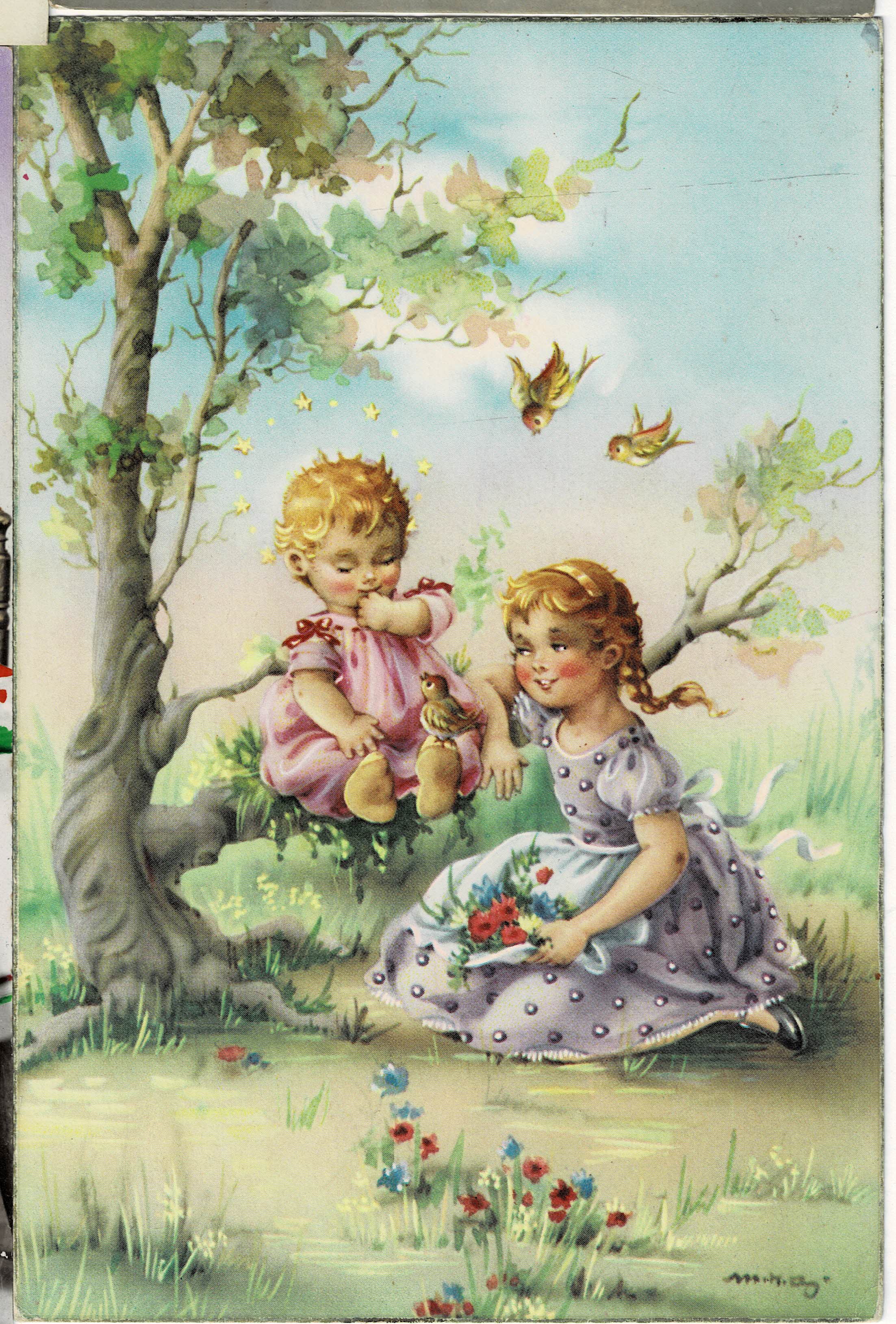 POSTAL DIBUJO NIÑAS EN UN JARDÍN.