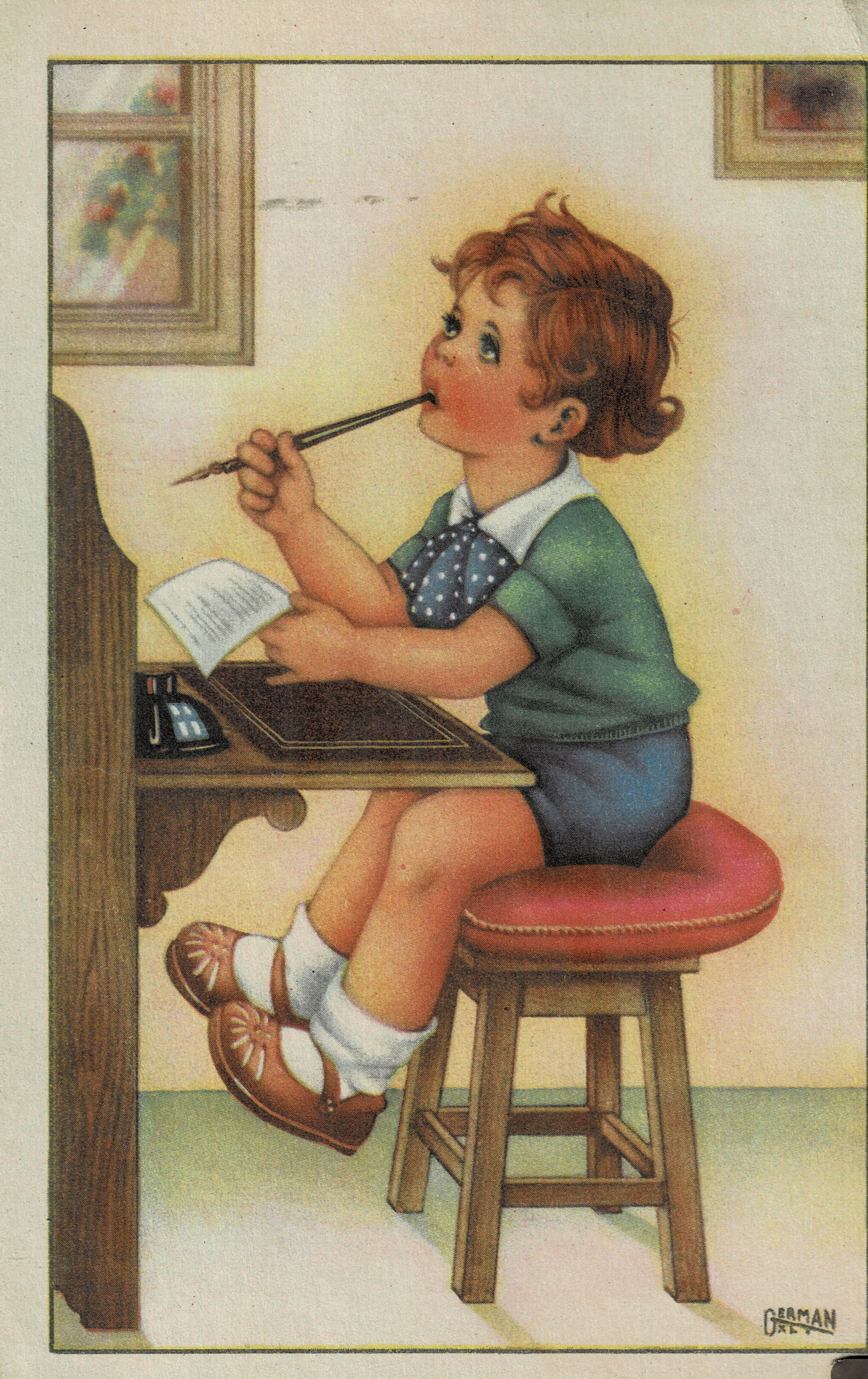 POSTAL DIBUJO NIÑO EN ESCRITORIO.