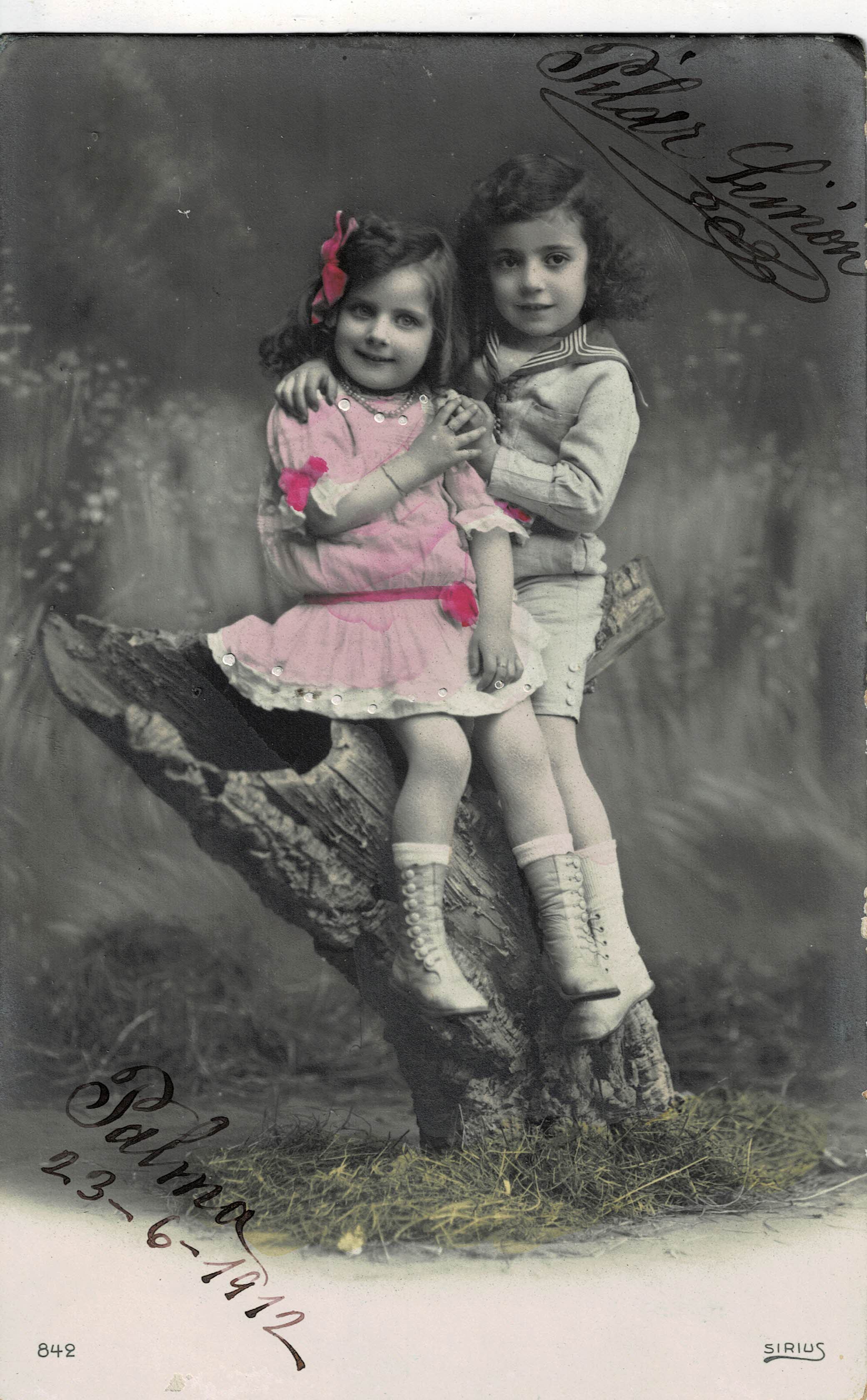 POSTAL NIÑOS SENTADOS EN TRONCO.