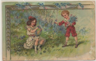 POSTAL DE NIÑOS. NIÑOS CON FLORES