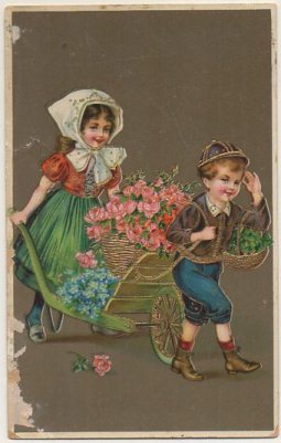 POSTAL DE NIÑOS. NIÑOS CON FLORES. CON BRILLANTE