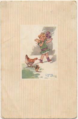 POSTAL DE NIÑOS. NIÑA CON GALLINAS
