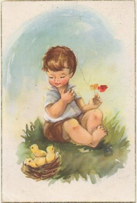 POSTAL DE NIÑOS. CON POLLITOS
