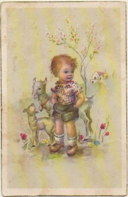POSTAL DE NIÑOS. NIÑO CON OVEJITAS