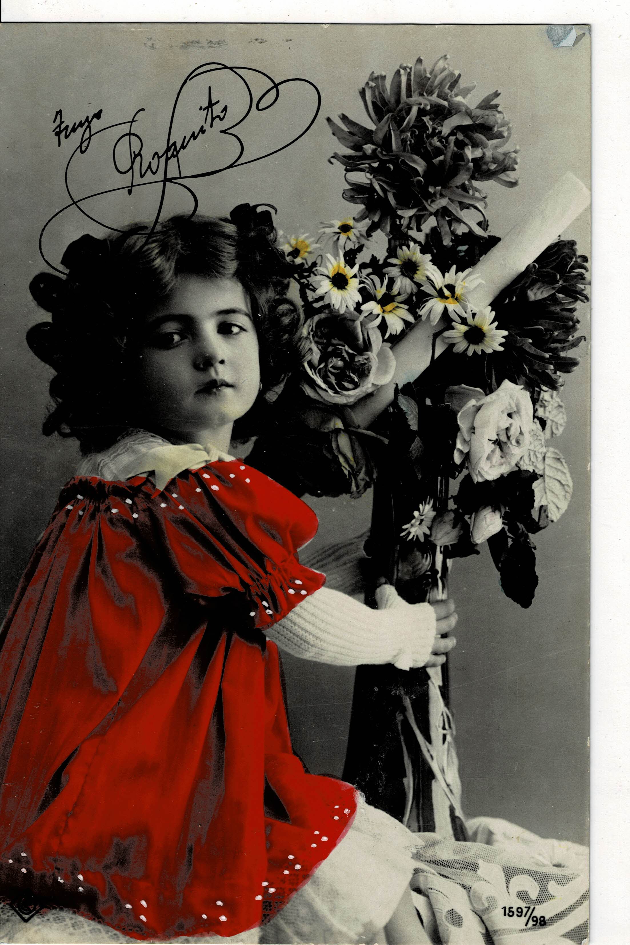 POSTAL DE NIÑOS. NIÑA CON VESTIDO ROJO.